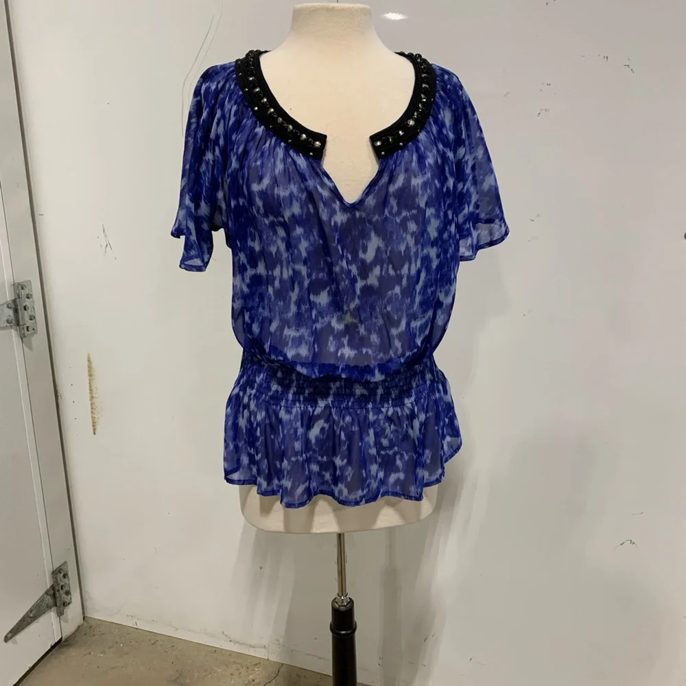 Michael Kors Blue Tie-Dye Blouse with Jems Vneck Collar 2328‎ M